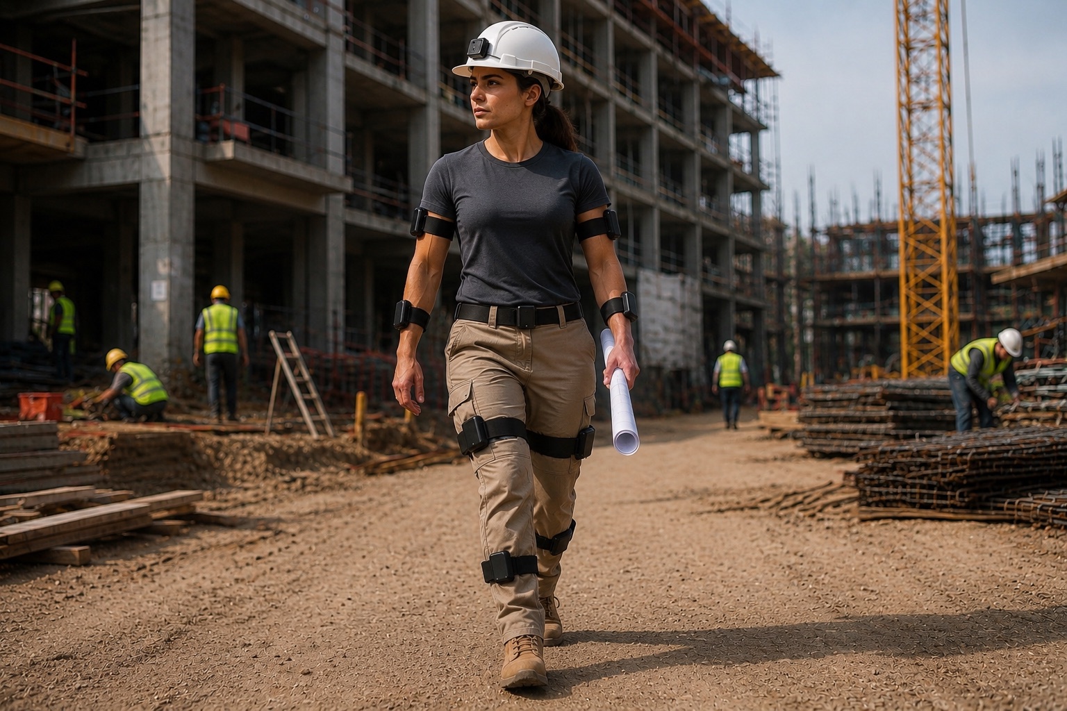 A construction worker in a hard hat wearing the full TRACE kit — MMT on the helmet and chest, LMT motion sensors on arms, belt, and legs — walking a job site with blueprints