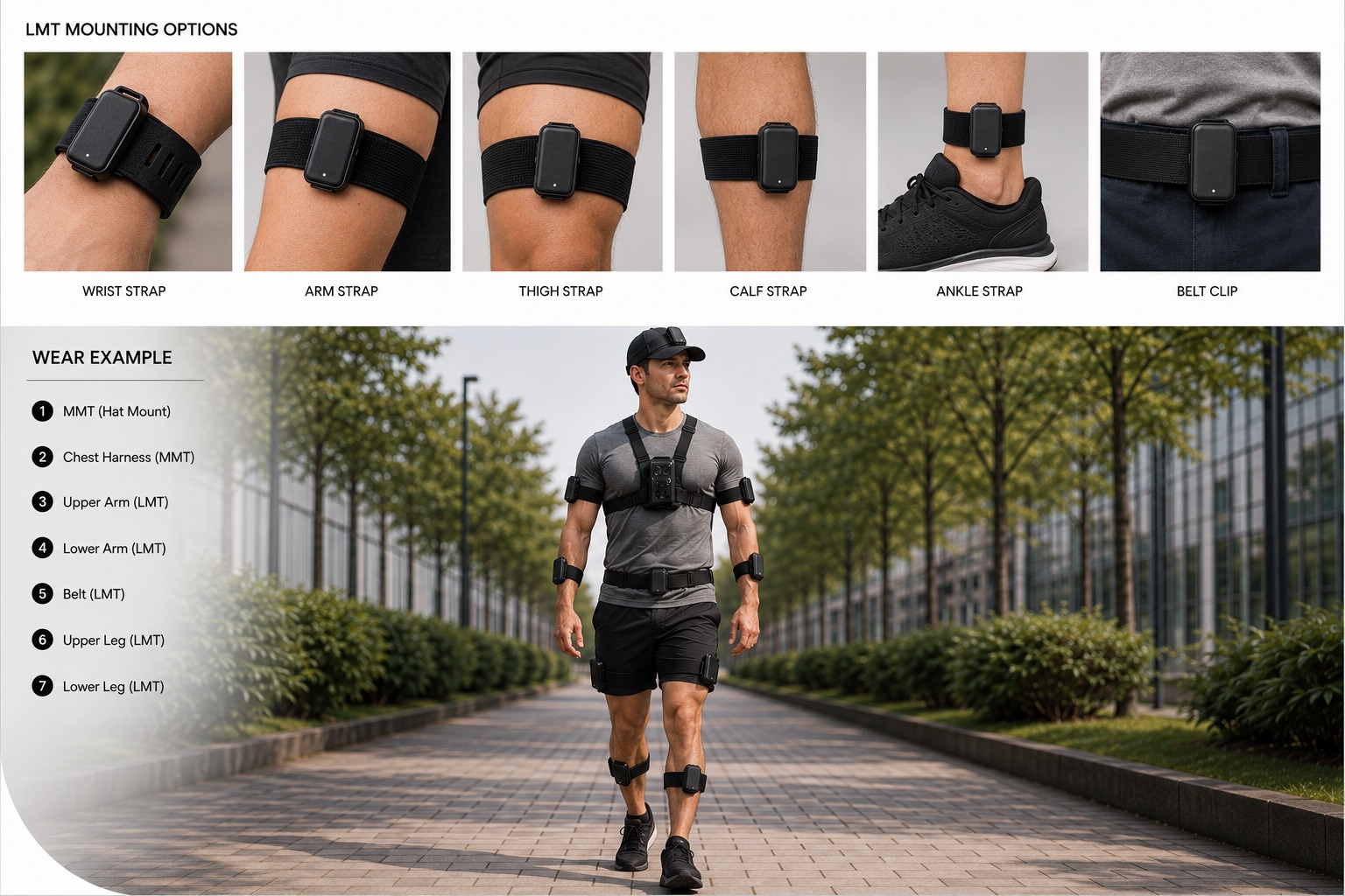 LMT sensor mounting options — wrist, arm, thigh, calf, and ankle straps and a belt clip — with a full-kit wear example