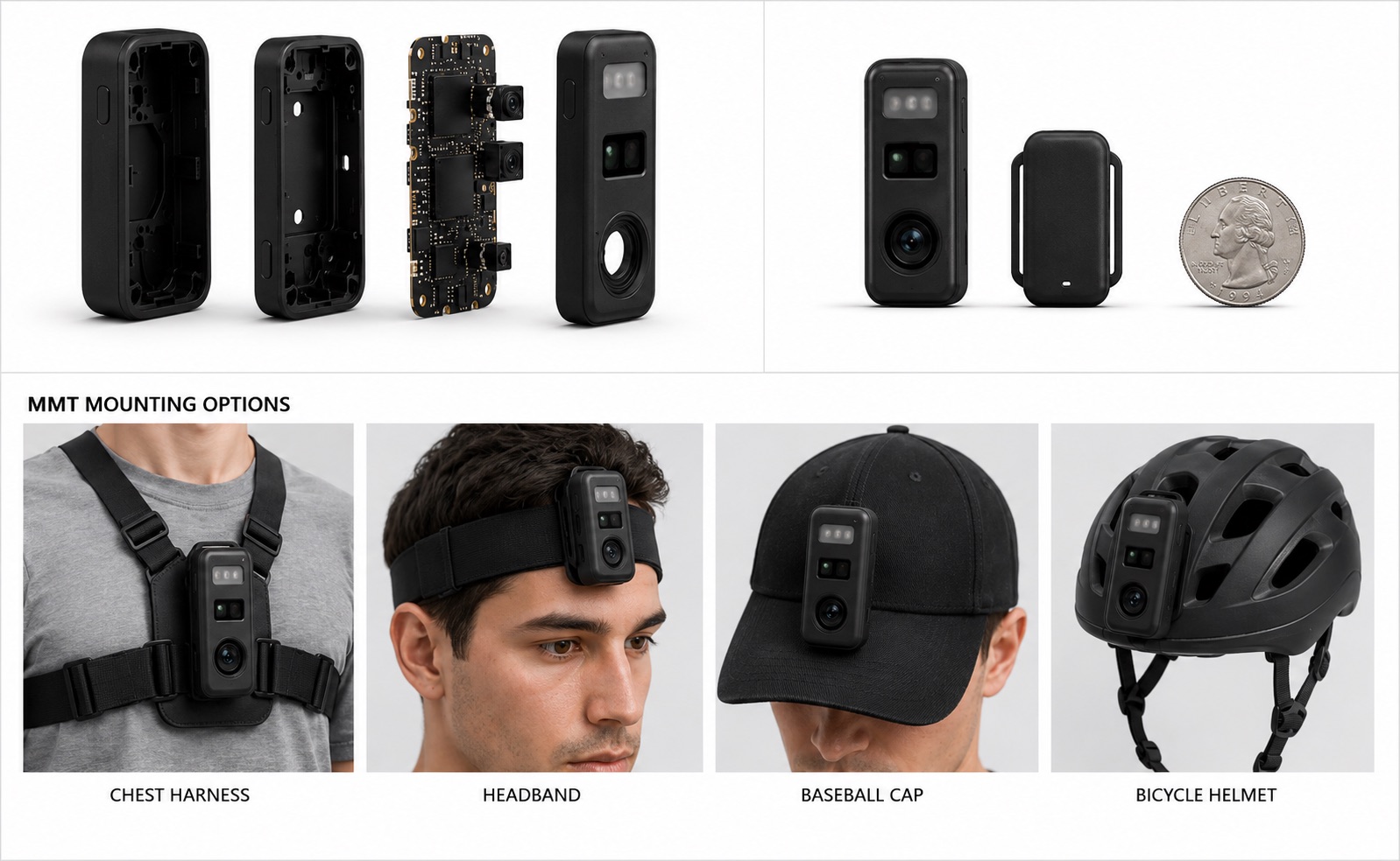 The TRACE MMT — exploded view, size next to a quarter, and cap, headband, chest, and helmet mounts