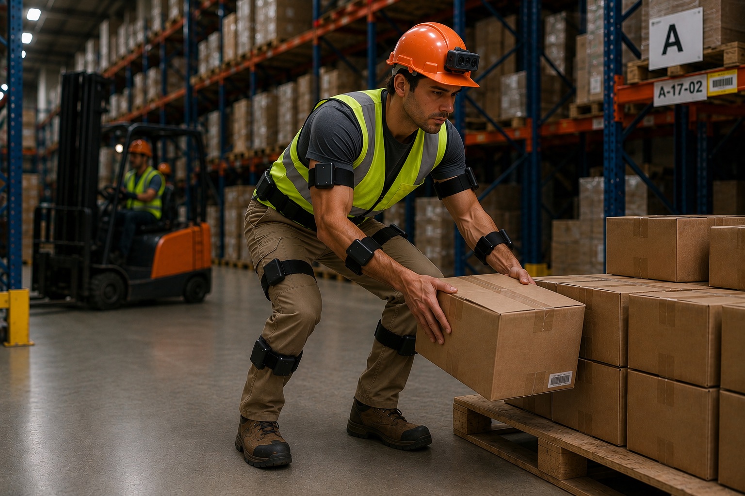 A person wearing the TRACE kit lifting a box from a pallet in a warehouse